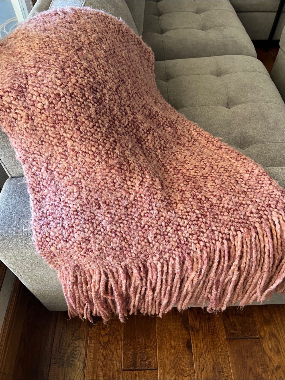 Soft Pink Bouclé Throw Blanket with Fringe